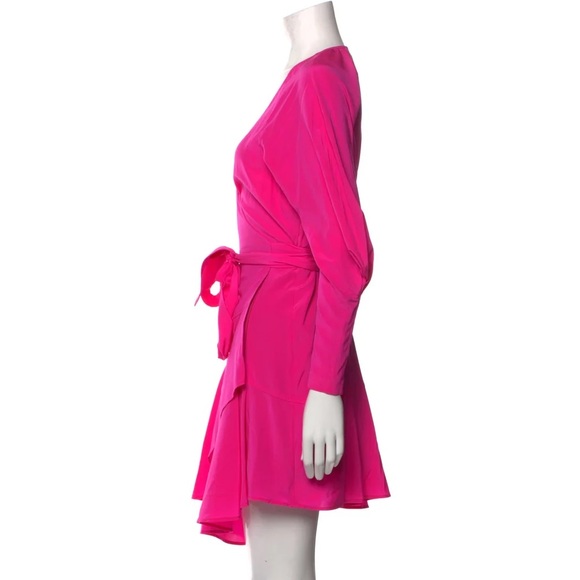 ALC Hot Pink Silk Long Puff Sleeve Ruffle Wrap Mini Dress - US 2 / XS - Picture 5 of 6